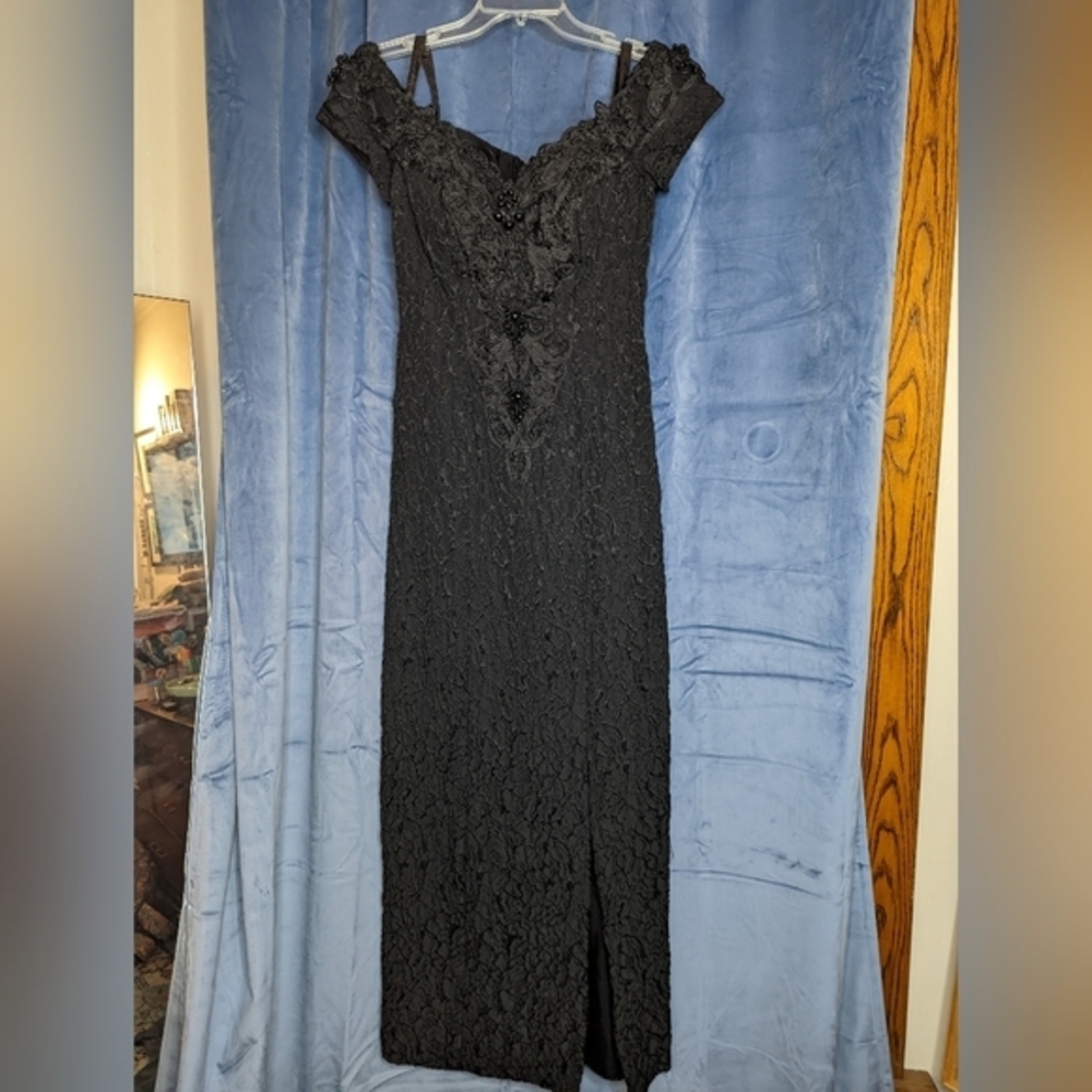 ILGWU 80's Vintage Black Formal floor length dress, off the shoulder
